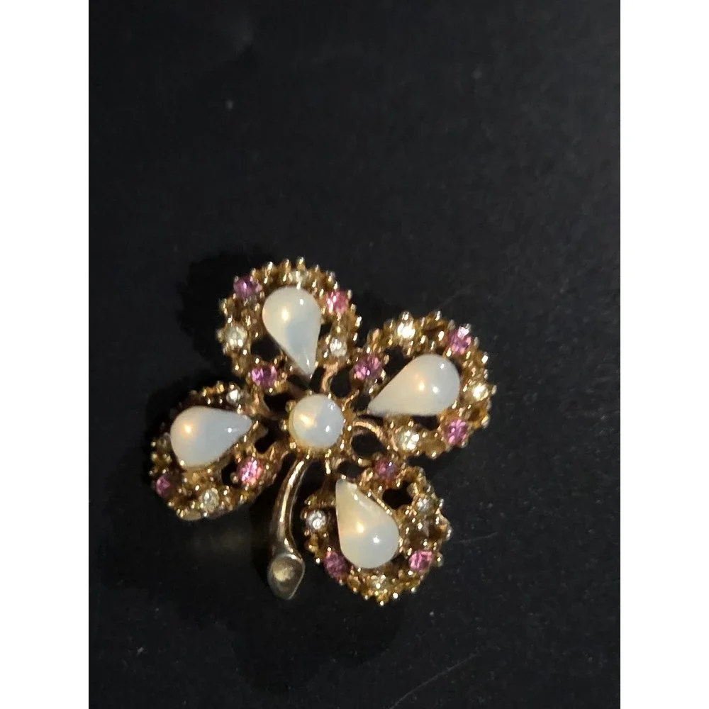 Unbranded Clover Brooch Gold Faux‎ Opal Pink Rhinestone Lucky Vintage Pin